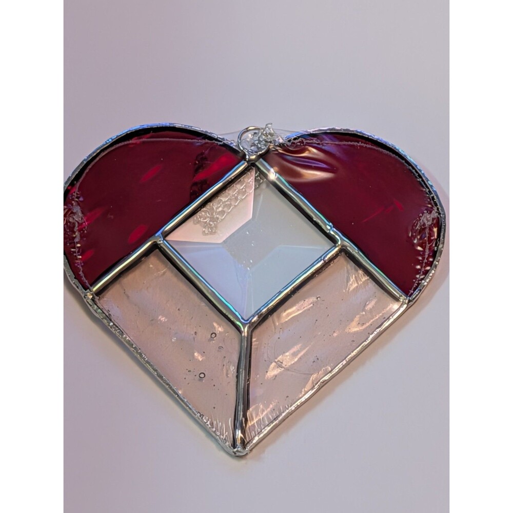 Handmade Stained Glass Heart Suncatcher - Red & Clear Beveled Prism - 4.5"